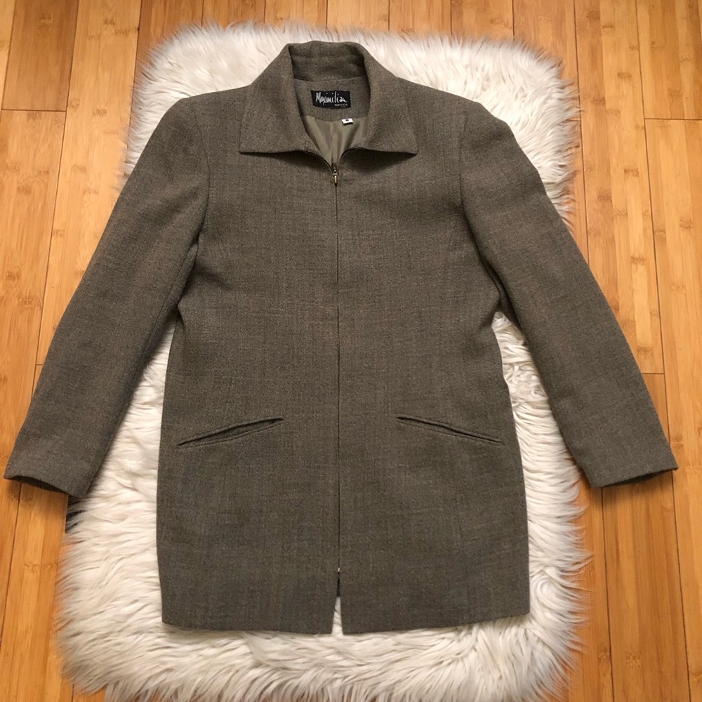 Vintage Maximilian Classic Wool Fitted Zip Up Gray Brown Womens Blazer Jacket 8